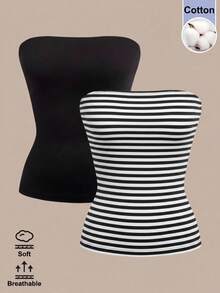 SHEIN BASICS 2件装女士夏季休闲度假日常通勤简约百搭纯色及条纹印花修身抹胸上衣 - 彩色 - 查看 2