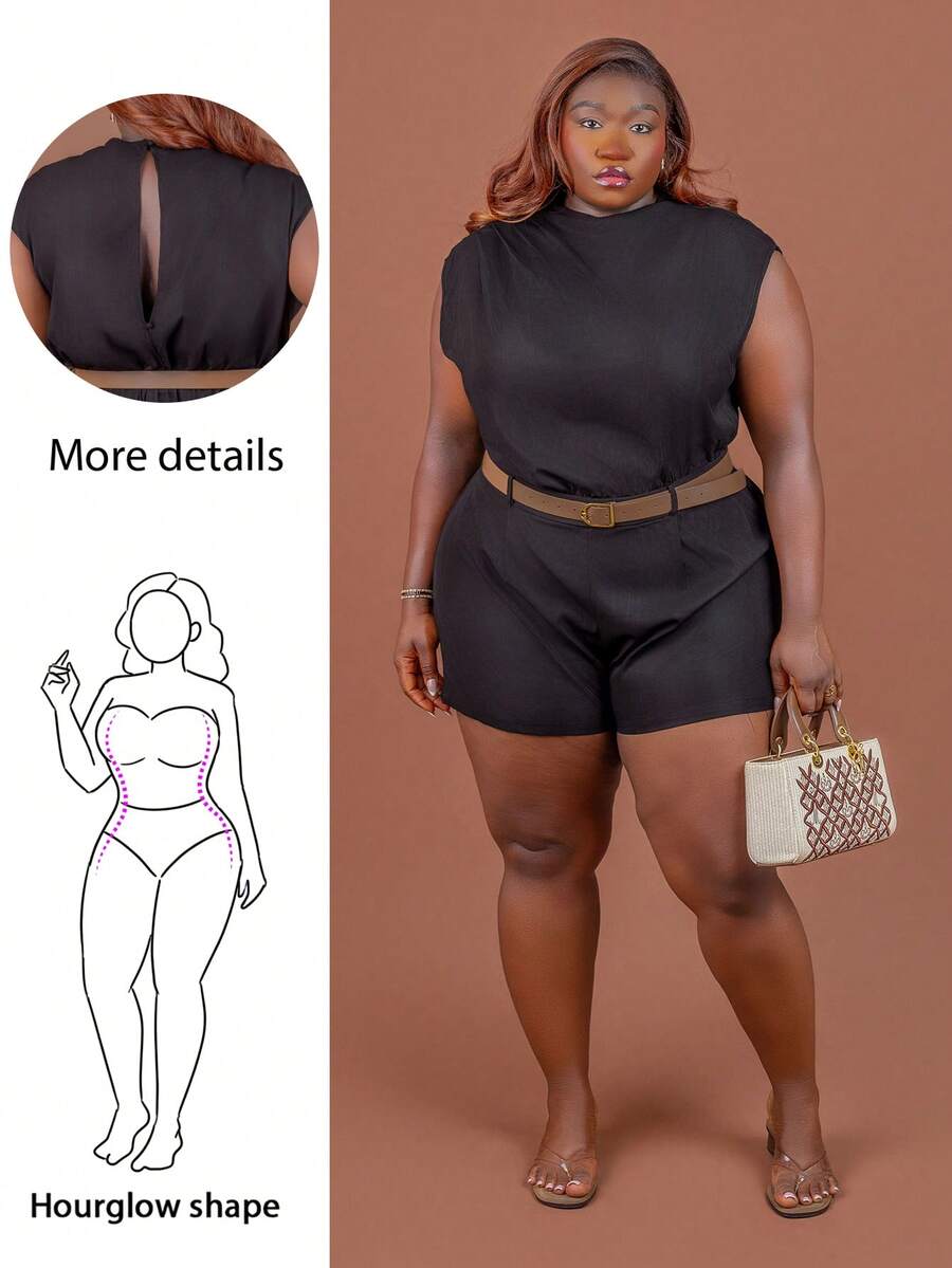 CurvyTilda PLUS SIZE WOMEN BATWING SLEEVE SOLID POCKET ROMPER WITH BELT, For Hourglass Body Shape - Black - View 1