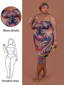 CurvyTilda Vestido tomara que caia preto com estampa floral tropical para mulheres plus size, com cordão ajustável na altura do joelho. Vestido midi de malha elástica, ideal para cruzeiros, jantares, festas de Natal e Ano Novo. Perfeito para a praia. Vestido elegante e estiloso com estampa floral preta, ideal para o corpo ampulheta. - Preto - Ver 1
