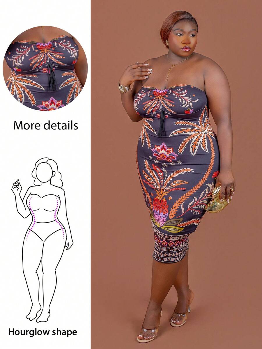 CurvyTilda Vestido tomara que caia preto com estampa floral tropical para mulheres plus size, com cordão ajustável na altura do joelho. Vestido midi de malha elástica, ideal para cruzeiros, jantares, festas de Natal e Ano Novo. Perfeito para a praia. Vestido elegante e estiloso com estampa floral preta, ideal para o corpo ampulheta. - Preto - Ver 1