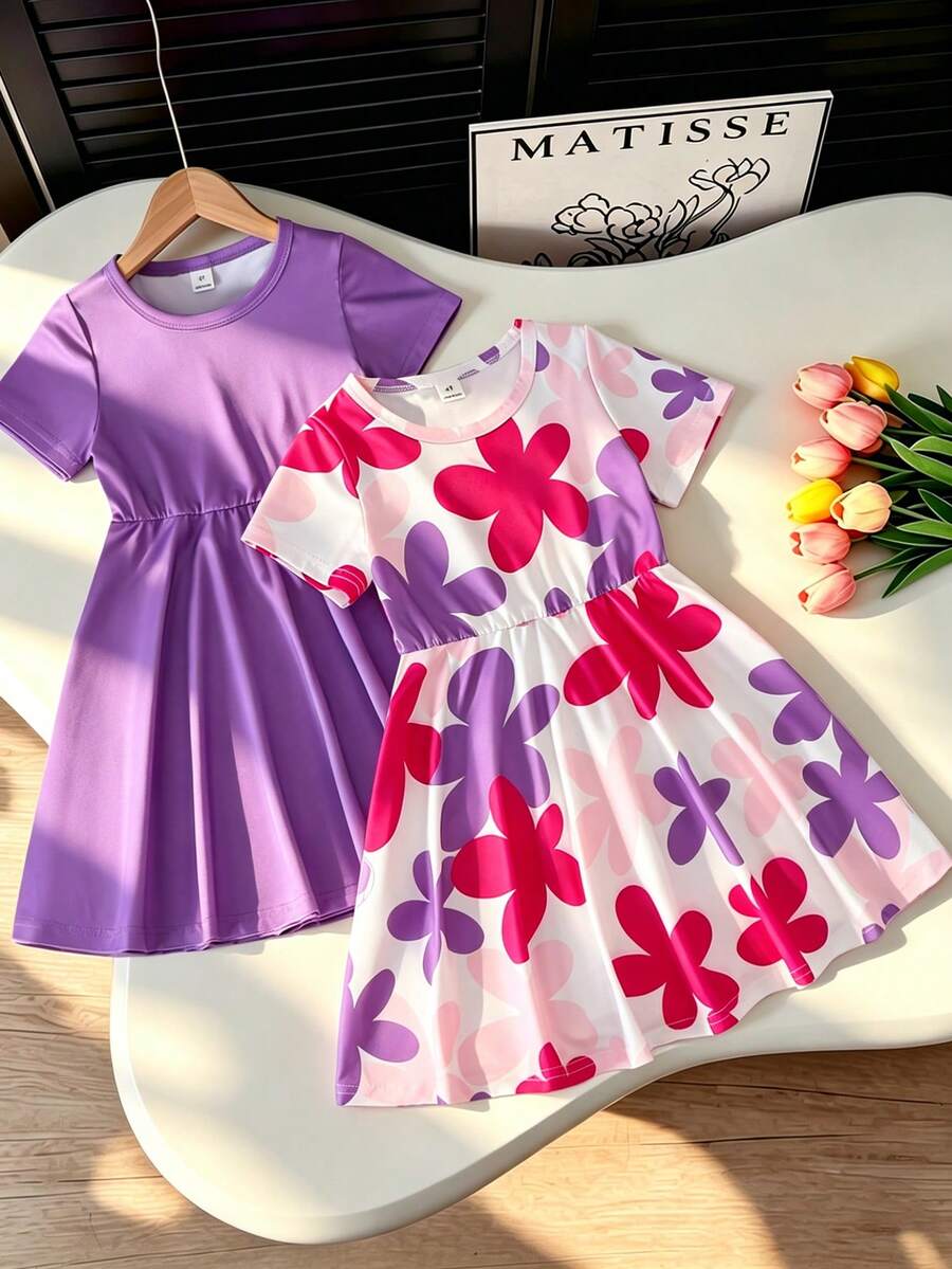SHEIN Elladie kids 2件組少女短袖洋裝,純色薰衣草紫與花卉印花拼接,白色夏季仙女生日款,圓領彈性腰 A 字針織裙 - 彩色 - 查看 1
