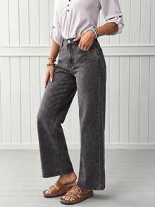 SHEIN LUNE Women's High Waist Pockets Straight Loose Casual Versatile Denim Jeans Travel Grey Summer - Grey - View 4