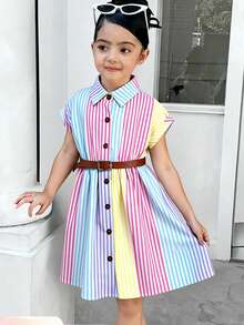 Elladie kids 女童春季宽松梭织落肩修身粉色条纹领纽扣衬衫裙，配时尚腰带，舒适休闲/度假装 - 彩色 - 查看 4