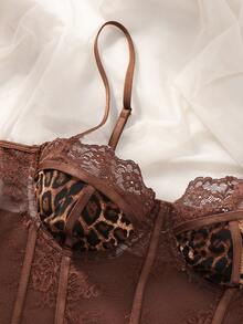 SHEIN 2pcs  Lace Up Bodysuit & Mini Skirt Sexy Set, Going Out Leopard Print Lingerie - Coffee Brown - View 7