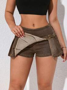 SHEIN ICON Minifalda de mezclilla plisada y sexy para mujer, de verano - Café integral - Ver 3
