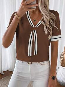 EMERY ROSE Atasan Rajut Lengan Pendek Bergaris Warna Kontras yang Modis dan Serbaguna untuk Wanita - Rust Brown - View 1