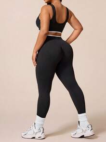 Rhythm Era 2 Stücke Damen Große Größen nahtloser mittlerer Halt Konvertibel Kragen Rückenausschnitt Kontrasttaille Sport-BH und 3/4 Leggings Trainingsset - Schwarz und Weiss - Übersicht 2