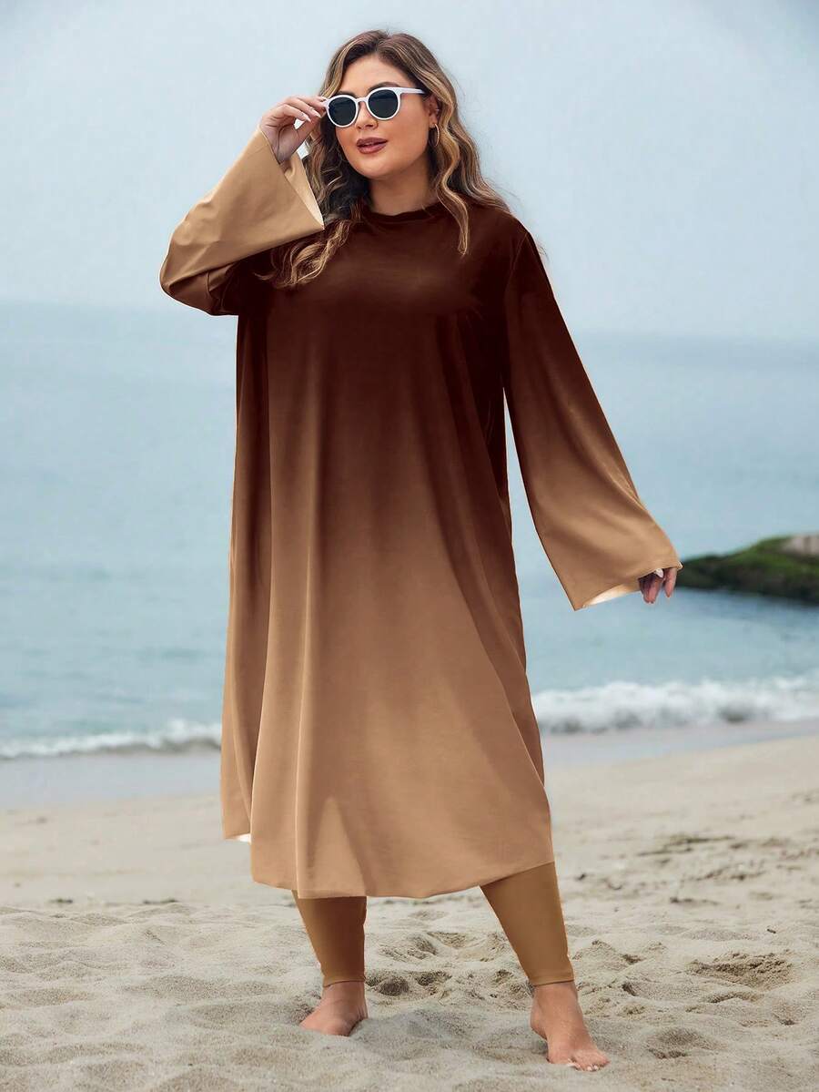 Swim Shayni Plus Size Women Loose Comfortable Digital Ombre Print Long Sleeve Maxi Dress With Separate Long Pants Modest Swimwear, Middle East Style - Multicolor - View 1