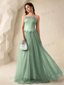Coutiva Women's Rhinestone Embellished Mesh Patchwork Maxi Formal Gown (Heavily Embellished) - Green - View 8