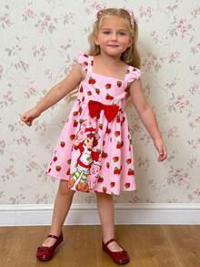 Strawberry Shortcake X SHEIN Young Girl Strawberry Print Dress With Bow Decor And Flutter Sleeves - Pink - View 7