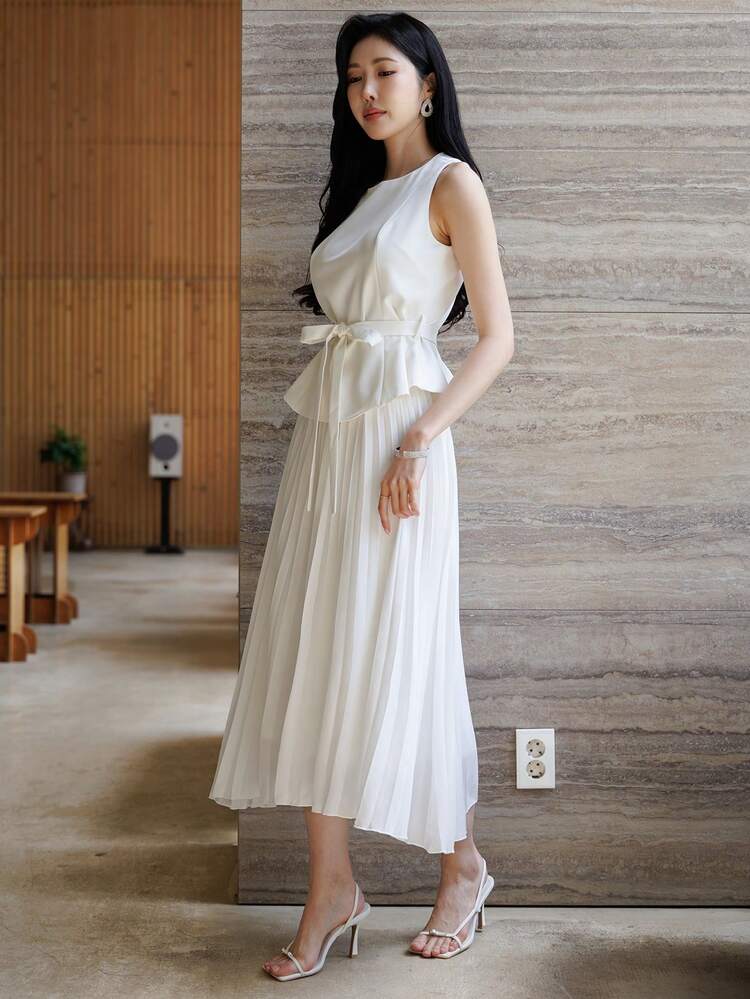 Women's Casual Elegant Office Outfit, Sleeveless Long Vest And Skirt 2-Piece Set, Spring/Summer