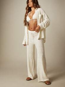 MISSGUIDED Textured Lace Oversized Shirt And Wide Leg Trouser Co-Ord Set Summer Beach Holiday Two-Piece Outfit - Apricot - View 3