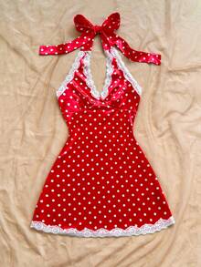 Soleia Women's Red And White Polka Dot Summer Cute Vacation V-Neck Lace Patchwork Fitted Mini Dress, Date Valentine's Day,Beach,Cruise,Boho Sexy Party - Red and White - View 5