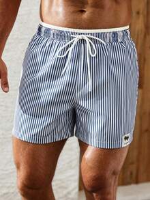Manfinity VDAYZ Quần short nam kẻ sọc dáng casual đi biển, mùa hè - Xanh và trắng - Xem 5