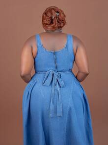 CurvyTilda Plus Size Women's Square Neck Ruffle Denim Sleeveless Dress, For Hourglass Body Shape - Blue - View 3