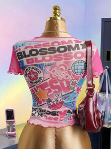 THE POWERPUFF GIRLS X SHEIN Áo nữ tay ngắn cổ tròn kiểu dáng thường ngày - - Hồng - Xem 2