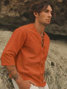 HIMLAND Loose Fit Men's Lace Up Front Drop Shoulder High Low Hem Top - Orange - View 4