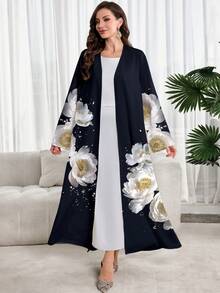 Al Najma Áo Abaya Ả Rập kín đáo với họa tiết hoa - trắng - Xem 4