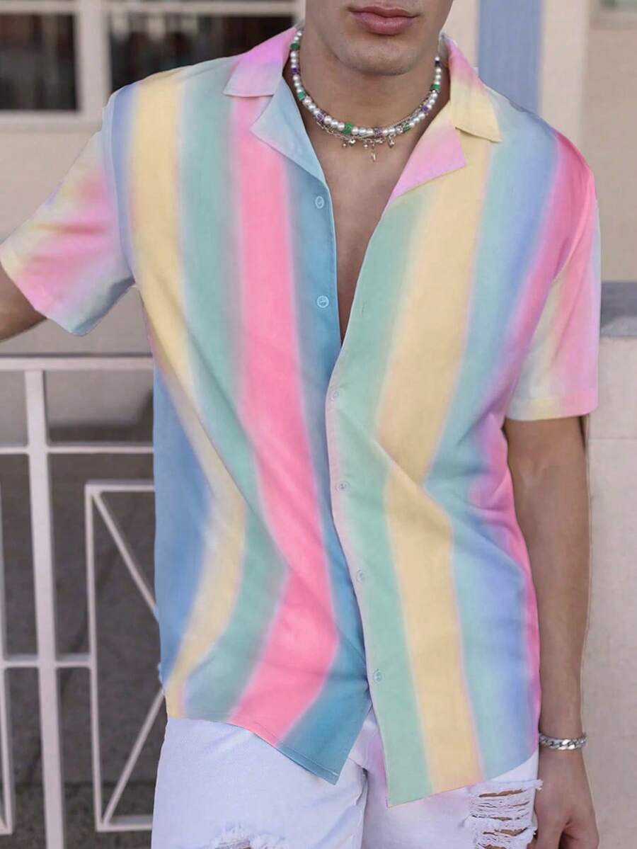 Manfinity Homme Men's Colorful Striped Short Sleeve Casual Vacation Shirt - Multicolor - View 1