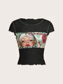 SHEIN ICON 女士休闲短袖圆领印花上衣 - 黑色 - 查看 1