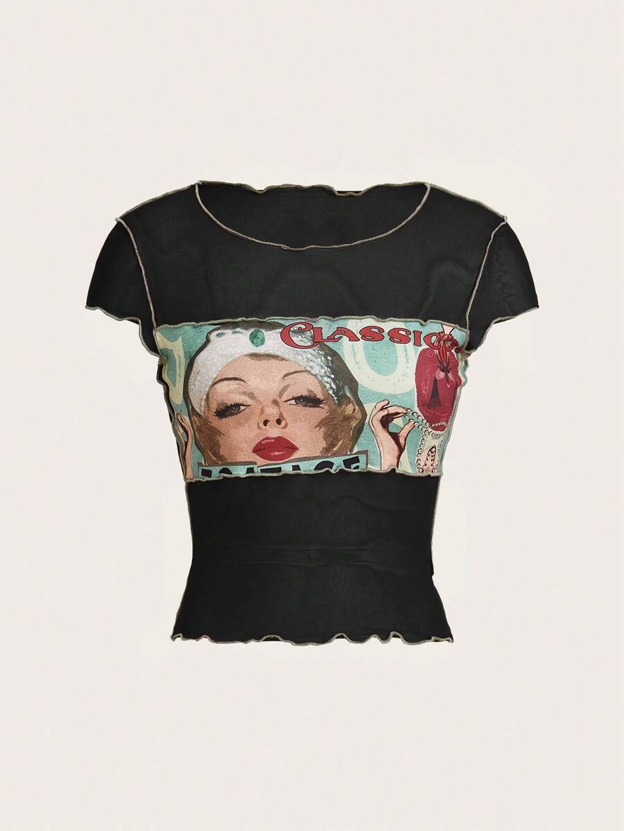 SHEIN ICON 女士休闲短袖圆领印花上衣 - 黑色 - 查看 1