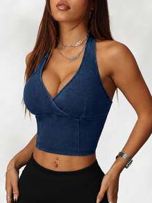 SHEIN ICON Women's Casual Halter Neck Tight Fit Stretchy Blue Denim Blouse - Dark Wash - View 5