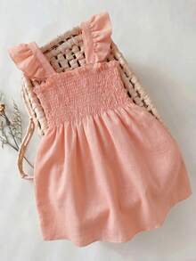 SHEIN Genkimix Kids 女童蝴蝶装饰荷叶边优雅短袖公主裙，夏季 - 粉色 - 查看 9