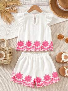 SHEIN 2pcs Unisex Infant Toddler 0-3Y Casual Embroidery & Printed Pattern Shirt, Country Style Spring/Summer Outfit For Baby Girls - Pink - View 3