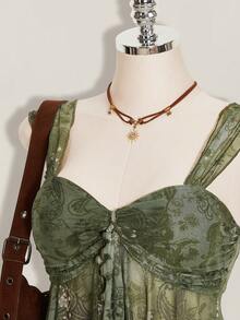 SHEIN ICON 2件套夏季女士外出波西米亚风印花褶皱系带吊带背心和抽绳系腰短裤 - 綠色 - 查看 6