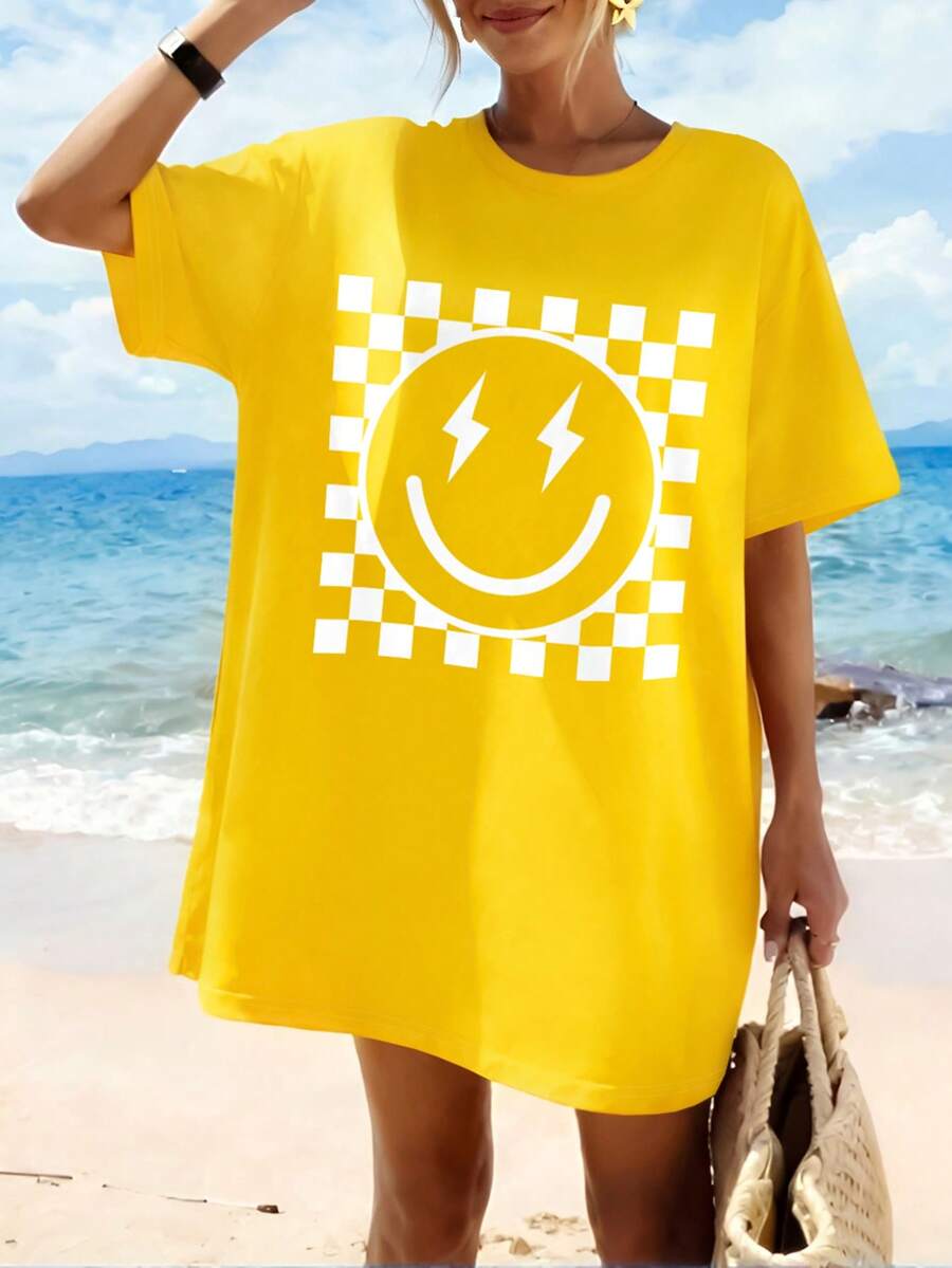 EMERY ROSE Camiseta de manga corta con cuello redondo y estampado de cuadros con cara sonriente para mujer de talla grande - Amarillo - Ver 1