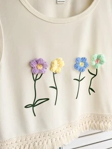 SHEIN Set de 2 piezas de Primavera/Verano para adolescentes, formal, dulce y lindo, con tela texturizada estampada con patrón floral combinada con shorts de mezclilla con flecos, adecuado para uso diario, ir al trabajo, casual, vacaciones, reuniones con amigos - Blanco - Ver 4