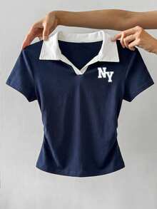 Attitoon Casual Minimalist Style College NY Letter Placement Print Polo Neck T-Shirt, Navy Blue, Versatile For Spring/Summer - Multicolor - View 7