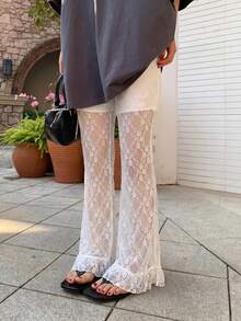 DAZY Women's Niche Lace Patchwork Design Flared Leg Pants - White - View 4