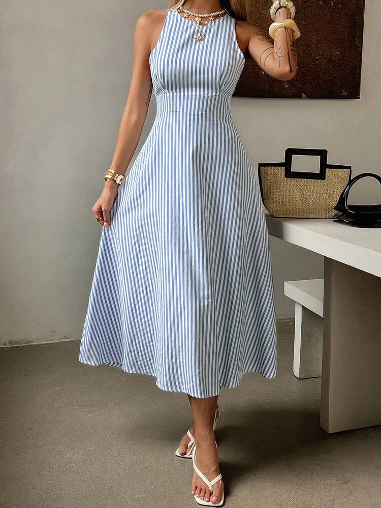 Women's Striped Round Neck Casual Sleeveless Mid-Length Dress Summer