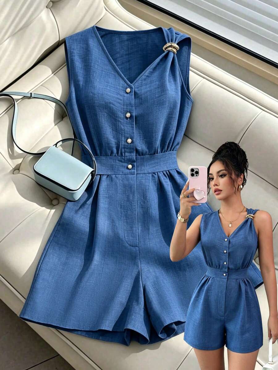 Elenzga Bộ jumpsuit màu xanh nhạt cổ chữ V, thắt eo, ống rộng, không tay, hàng mới về mùa hè. - Màu xanh bụi bặm - Xem 1