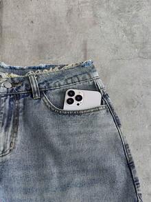AXEPEAK Men's Casual Denim Shorts With Pockets And Frayed Five-Pointed Star Design - Blue - View 4