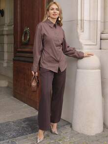 Elenary Edit Striped Long Sleeve Casual Shirt, Suitable For Office And Commuting, Old Money Style Top, Teacher's Top, Business Casual Woman Curve, Brown Top, Going Out Top For Women, Elegant Blouses For Ladies, Spring Women Brown Blouses Office Blouse, Spring Women - Brown - View 3