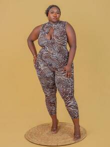 CurvyTilda Combinaison transparente sexy à imprimé animal et ajourée, grande taille. Tenue pour le Nouvel An, soirée, bal de promo, imprimé léopard. Tenue de club sexy pour femmes, pour une silhouette en sablier. - Multicolore - Voir 5