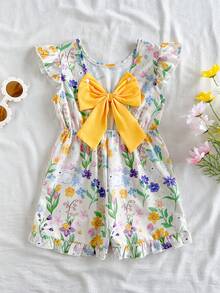 Vintaside Kids 女童夏季无袖清新优雅休闲数码印花连衣裙，饰有大蝴蝶结，适合旅行、海滩玩耍或日常休闲穿着。 - 黃色 - 查看 4