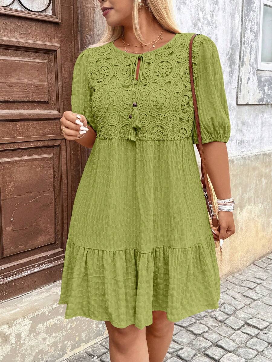 Breezaya Plus Size Lantern Sleeve Tassel Lace Patchwork Dress - Lime Green - View 1