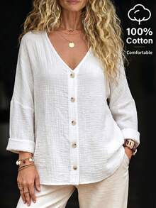 SHEIN Holidaya Women's Summer Casual 100% Cotton V-Neck Blouse, Beach Holiday Tops, Elegant Vacation Outfit, White Shirt, Commuter Wear - White - View 4