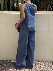 Livesso Bộ đồ nữ gồm áo không tay và quần jeans ống rộng, thích hợp cho mùa hè. - Màu xanh lam - Xem 2