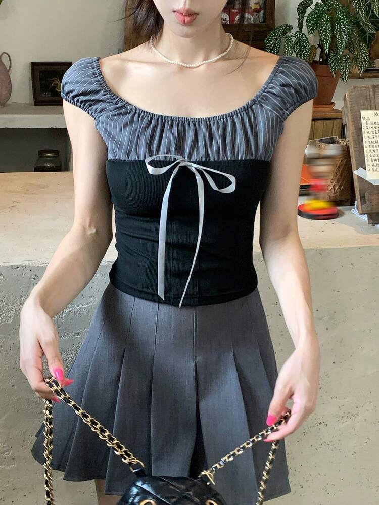 Women's Off Shoulder Korean Style Bow Tie Strap Short Sleeve T-Shirt