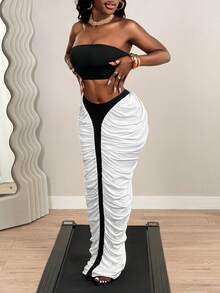 BamGleam Bộ đồ 2 mảnh gợi cảm gồm chân váy maxi ôm sát xếp ly và áo quây ngực, thích hợp cho kỳ nghỉ/hẹn hò/buổi hòa nhạc mùa xuân/hè 2026 dành cho nữ. - Xám - Xem 3