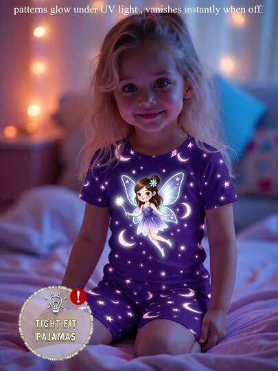 2pcs/Set Toddler Girls' Purple Dreamy Angel & Moon Glow-In-The-Dark Print Knit Elastic Soft Comfy Round Neck Short Sleeve Top And Shorts Pajama Set