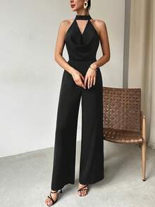 Firerie Women's Elegant Romantic Date Sexy Deep Draped Neck Backless Waist Flared Leg Jumpsuit, Suitable For Gala, Birthday, Party Dress - Black - View 6