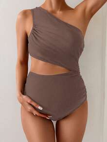 Swim Vcay 1 pieza Traje de baño de maternidad modesto de unicolor, adecuado para el verano - Marrón - Ver 5
