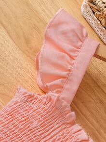 SHEIN Genkimix Kids 女童蝴蝶装饰荷叶边优雅短袖公主裙，夏季 - 粉色 - 查看 5