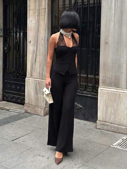 Firerie 女士纯色撞色蕾丝吊带背心和裤子优雅套装