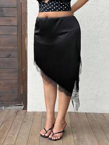 Rustia Plus Size Spring/Summer Elegant Contrast Lace Slit Skirt - Black - View 7